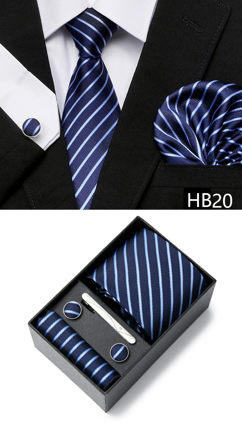 Gravatas For Men Newest design Silk Tie Handkerchief Cufflink Set Necktie Box Striped Blue Office