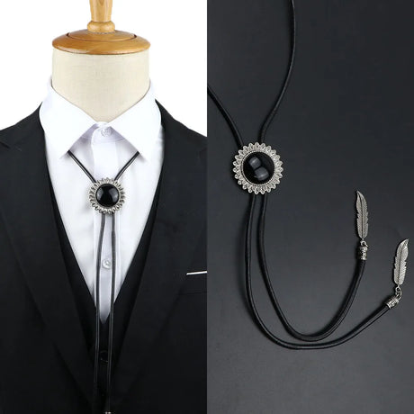 Vintage Bolo Tie Shirt Chain Cowboy Jazz Alloy Men Women Leather Rope Long Necklace Imitation Obsidian Sweater Chain Men Accesso