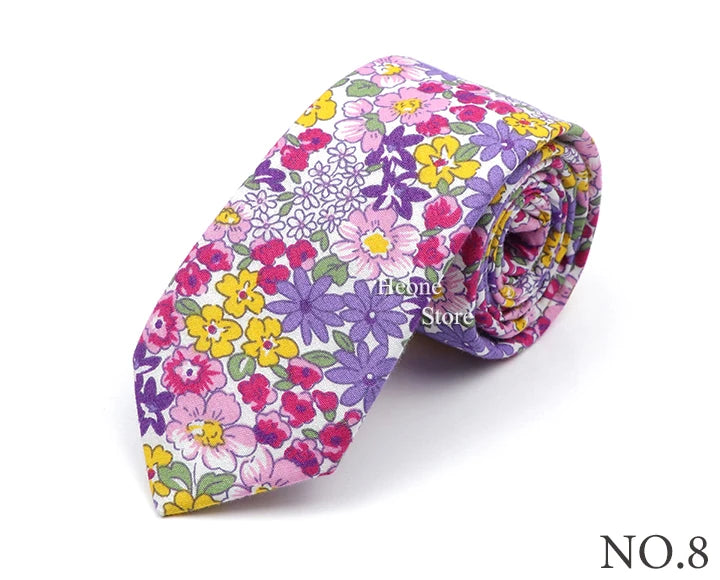 New Style Floral Printed 6cm Tie Blue Green Purple Skinny 100% Cotton Necktie For Men Women Wedding Party Suits Shirt Accessory