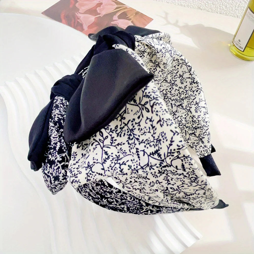 Elegant Floral Black White Hairbands for Women Girls Wide Edge Soft Hair Hoops Big Bowknot Cross Headband Hair Styling Tool Gift