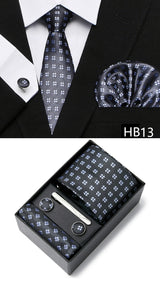 Gravatas For Men Newest design Silk Tie Handkerchief Cufflink Set Necktie Box Striped Blue Office