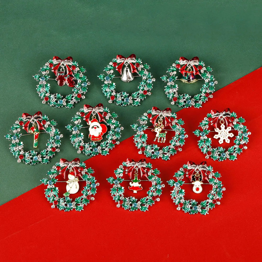 Christmas Wreath Collection Enamel Crystal Brooches With Candy Canes Bells Santa Claus Reindeer Snowman Snowflake Tree Drop