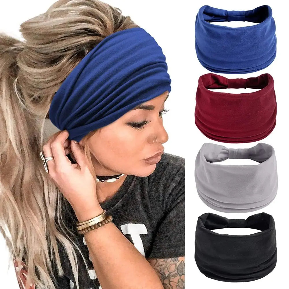 Fashion Solid Color Wide Hair Band Elastic Knotted Yoga Hairband Sports Headband Women