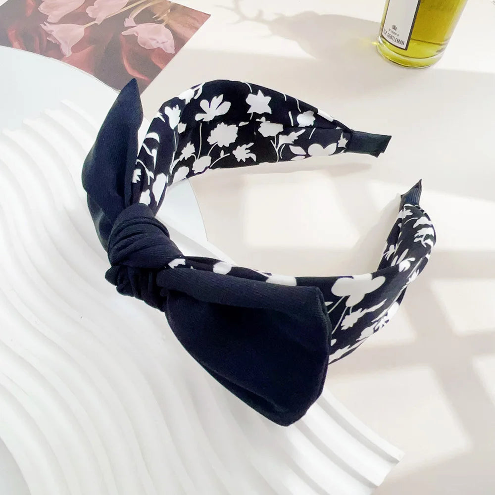 Elegant Floral Black White Hairbands for Women Girls Wide Edge Soft Hair Hoops Big Bowknot Cross Headband Hair Styling Tool Gift