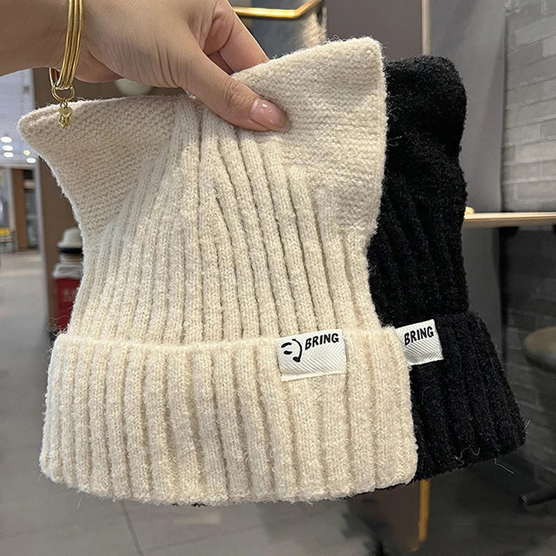Cute Cat Ears Beanies For Women Autumn And Winter Warm Ear Protection Sweet Versatile Pullover Knitted Hats