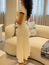 2024 Summer Women White long Skirt Suit Short Sleeve V-neck crop top pleated set elegant dress 2 piece skirt set Plus Size S-3XL