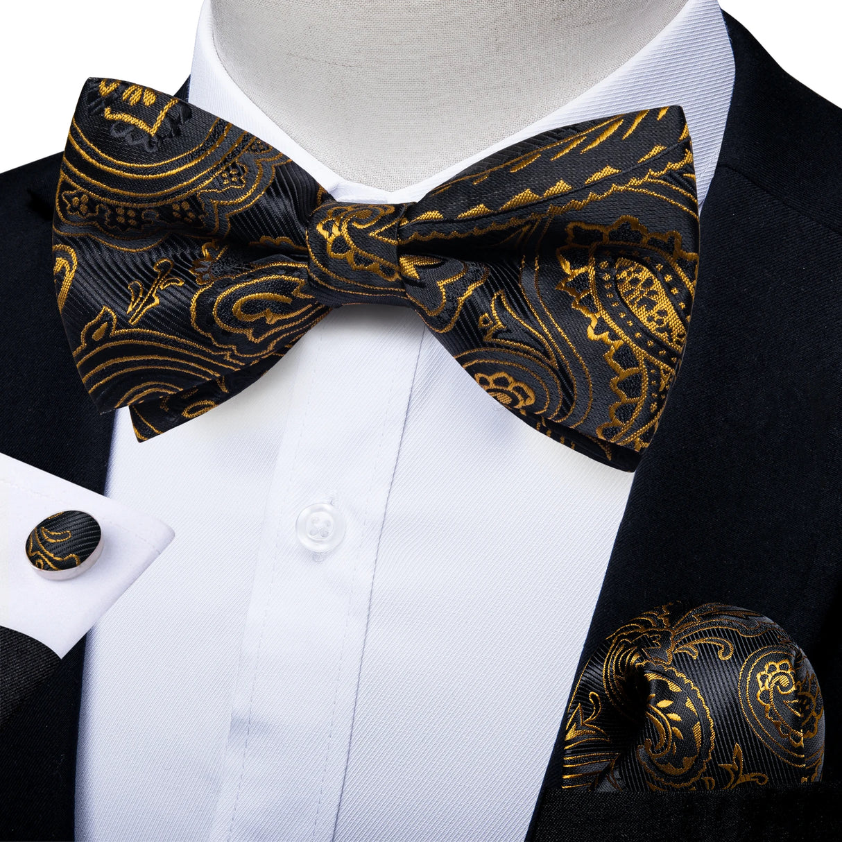 Classic Black Men Bow Ties 100% Silk Bowties Butterfly Pocket Square Cufflinks Set Suit Paisley Gold Pre-Tied Bow Tie DiBanGu