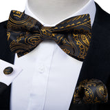Classic Black Men Bow Ties 100% Silk Bowties Butterfly Pocket Square Cufflinks Set Suit Paisley Gold Pre-Tied Bow Tie DiBanGu