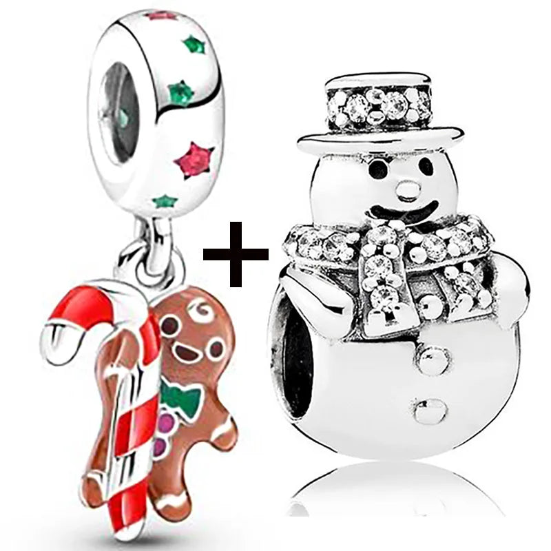 Buipoey 2pcs/lot Christmas Red Cane Gingerbread Man Charm Snowman Santa Beaded Sock Pendant DIY Beacelets jewelry Accessory Gift