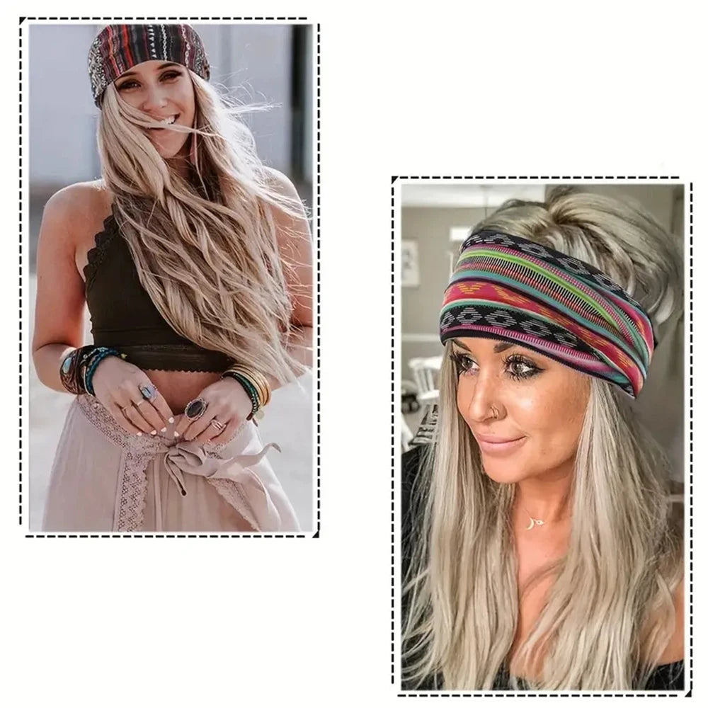 1 Pcs European American Women'S Bohemian Style Elastic Headscarf Fashionable Breathable Cotton Wide Brimmed Hair Accessories