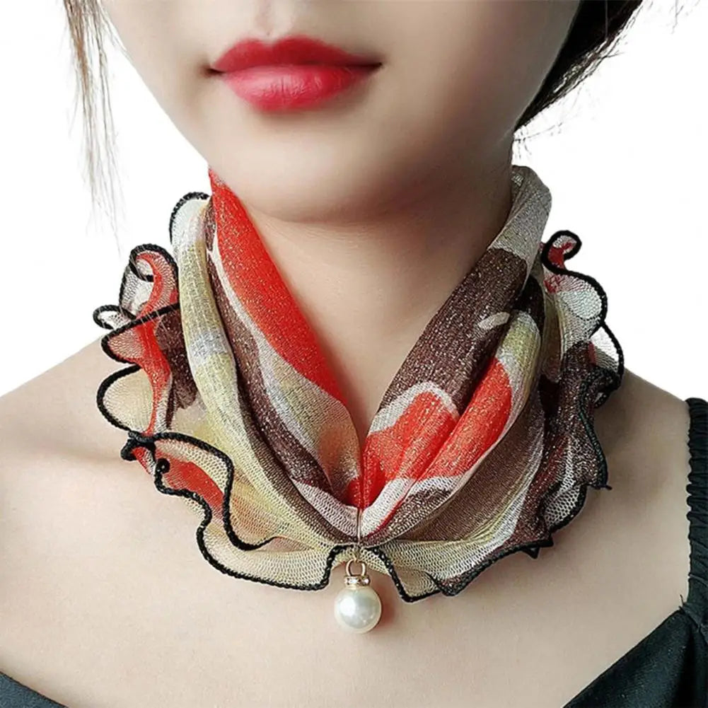 Lady Headscarf Gold Silk Scarf With Pearl Decor Scarf Flower Edge Wood Ears Women Scarves Lace Neck Wrap Square Scarf Silk Scarf