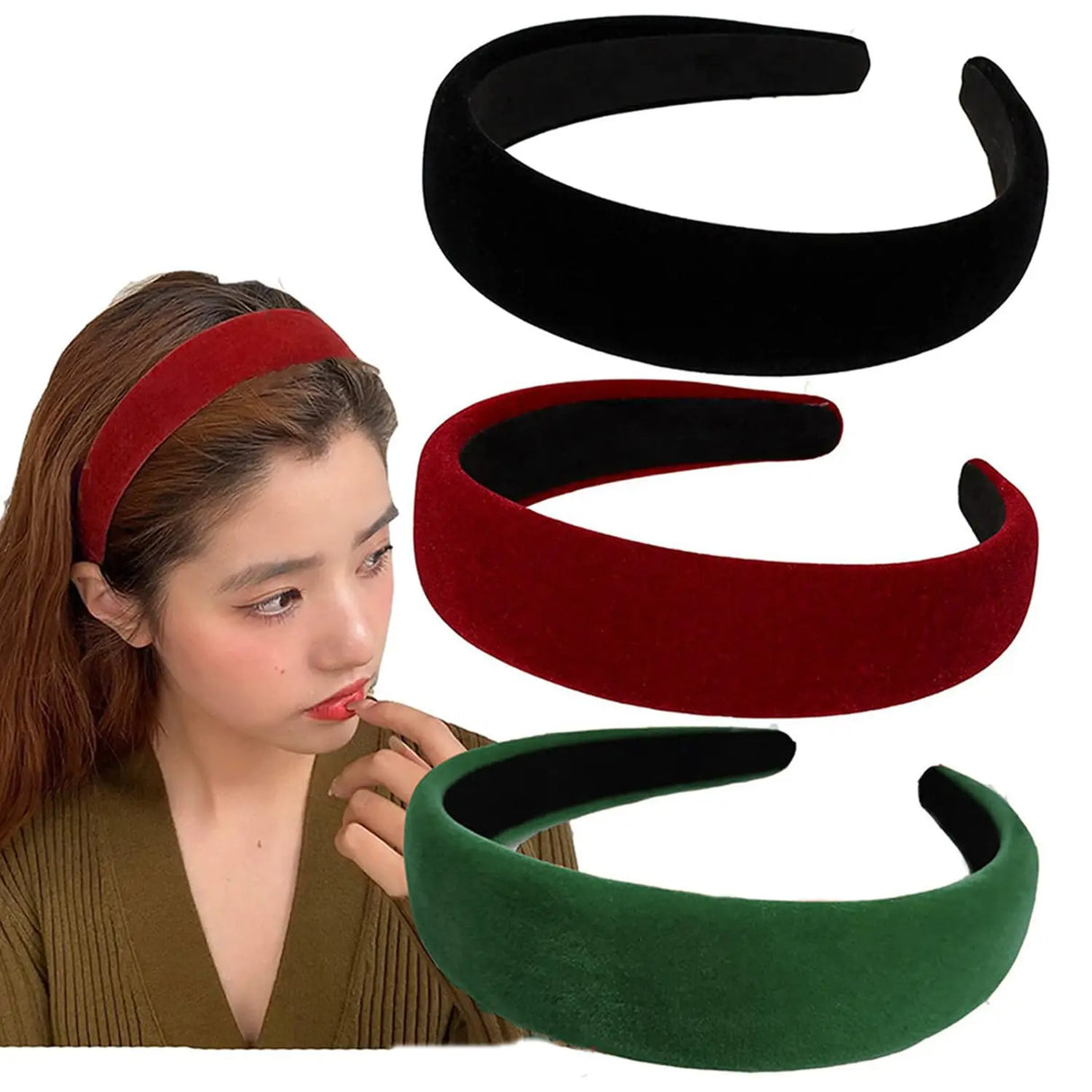3 Pcs Black Velvet Padded Headbands for Women, Soft Simple Headband for Girls and Teens, Plain No Teeth Thick Hoops Hair Accesso