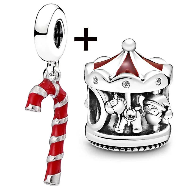 Buipoey 2pcs/lot Christmas Red Cane Gingerbread Man Charm Snowman Santa Beaded Sock Pendant DIY Beacelets jewelry Accessory Gift
