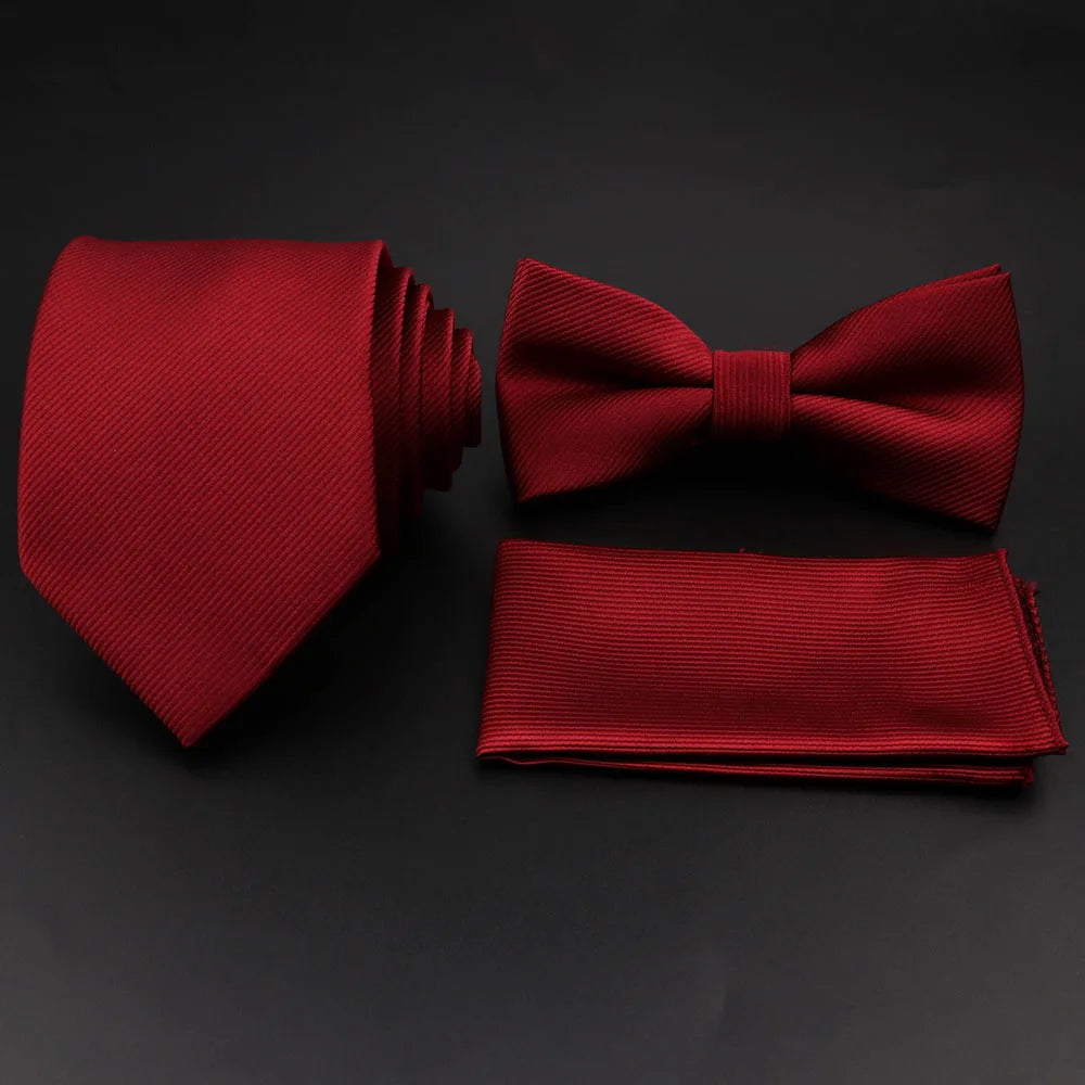 Hot Sale Red Blue Tie Set Polyester Slim Striped Necktie Bowtie Cufflink Brooch For Groom Suit Wedding Cravat Shirt Accessory