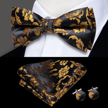 Hi-Tie Jacquard Silk Mens Bowtie Bow Tie Hanky Cufflinks Set Pre-tied Butterfly Knot Black White Grey Blue Red Green Pink Purple