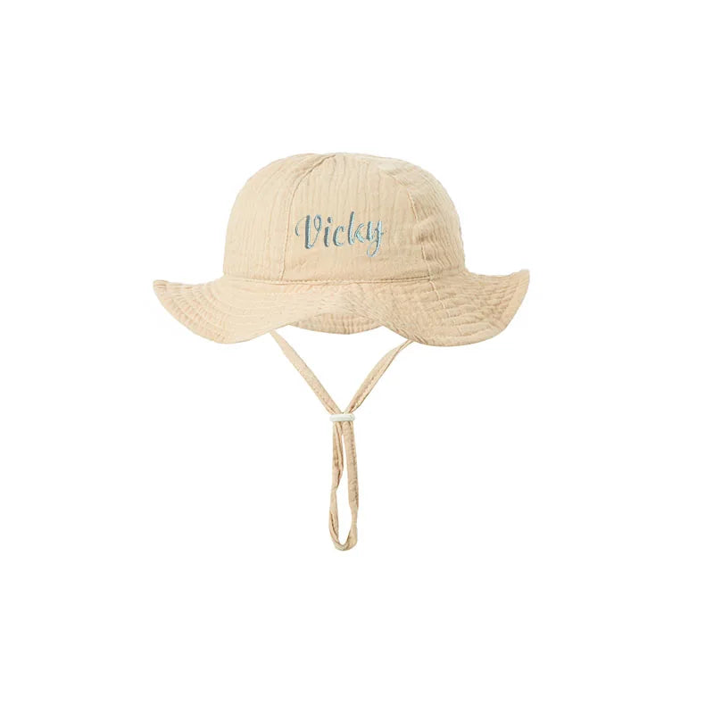 Embroidered Name Breathable Kids Wide Brim Sun Hat With Adustable Chin Strap Suitable For Summer And Beach
