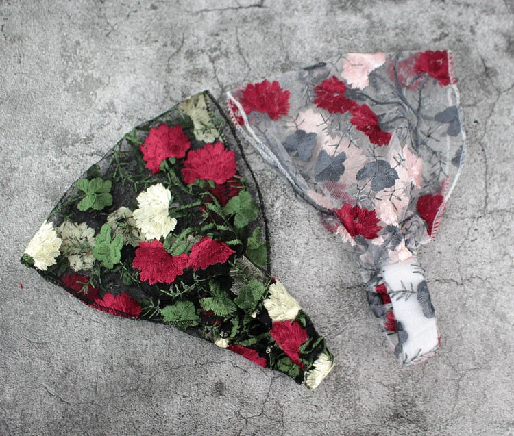New Wide Headband for Women Ethnic Embroidery Flower Mesh Wide Edge Headbands Hibiscus Mutabilis Lace Bandaba Turban Headwear