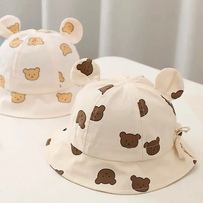 Korea Cotton Baby Bucket Hat with Ears Boys Girls Cute Cartoon Bear Breathable Sun Fisherman's Hat Kids Outdoor Child Panama Cap