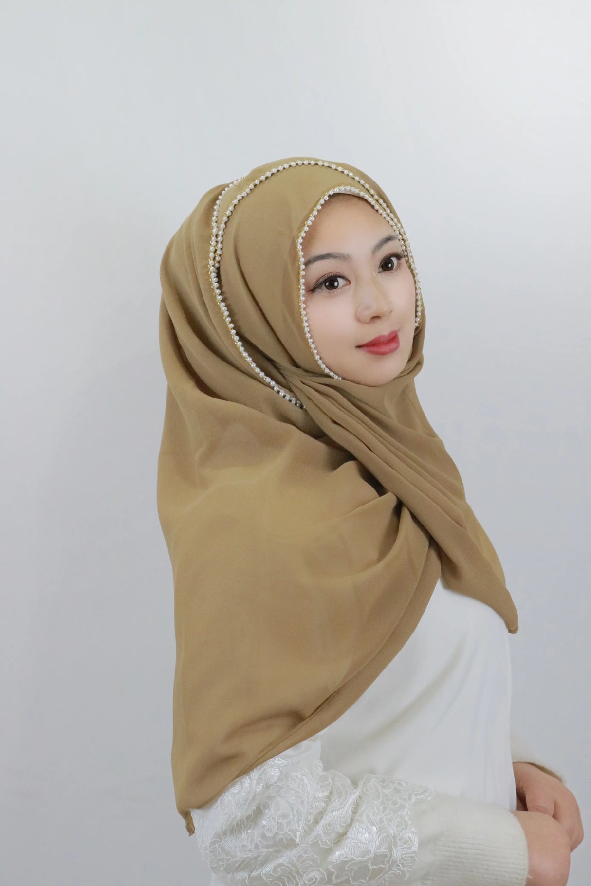 Spring beaded chiffon headscarf with a line of pearls around the edge Breathable & sun protection Chiffon solid colour headscarf