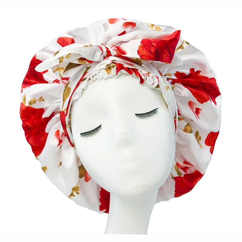 Soft Silky Print Satin Bonnet for Women Large Nightcap with Long Satin Ribbon Tie Band Bonnet Adjustable Wide Band Head Wrap Hat