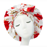Soft Silky Print Satin Bonnet for Women Large Nightcap with Long Satin Ribbon Tie Band Bonnet Adjustable Wide Band Head Wrap Hat
