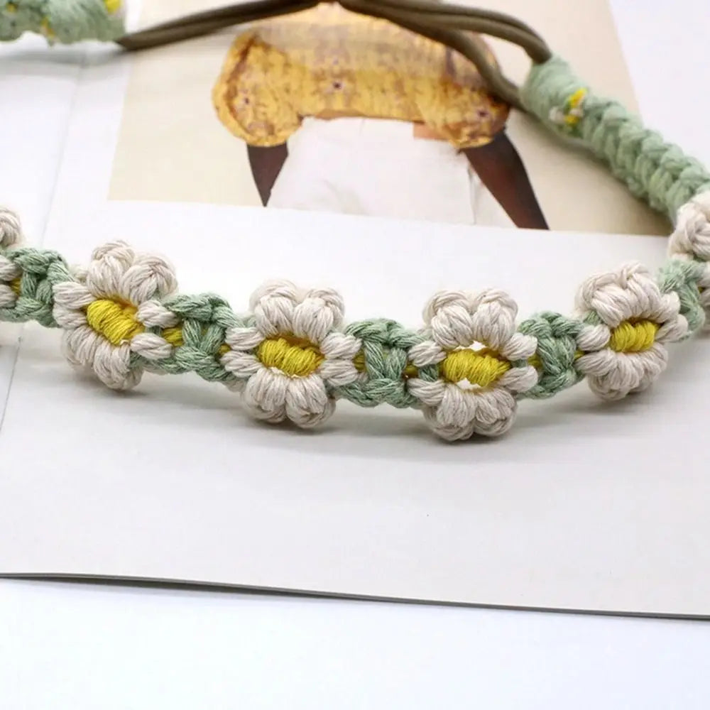 Braided Rope Headwrap Small Daisy Elastic Hair Band Turban Women Hair Scarf Crochet Bandana Macrame Hair Band Bohemian Headband