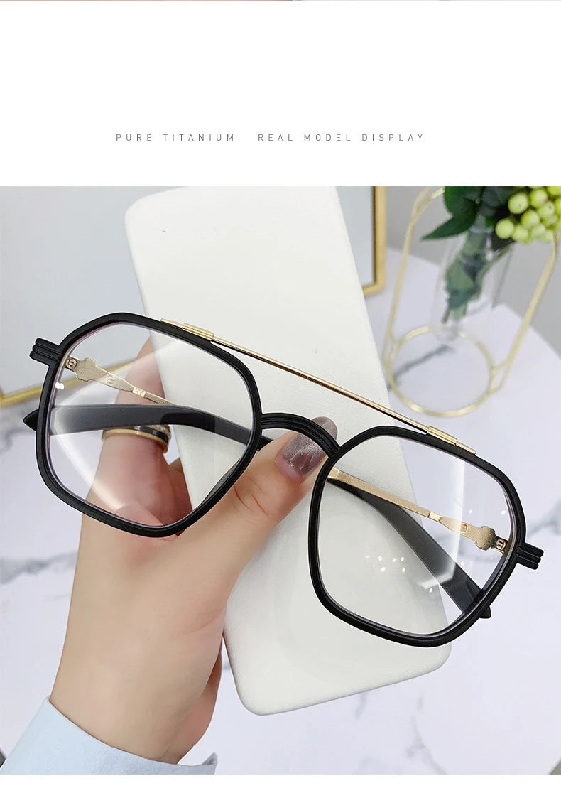 Blue Light Blocking Eye Protection Myopia Eyeglasses Fashion Double Beam Metal Glasses Women Trend Retro Plain Face Eyewear Men