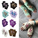 Floral Bee Embroidery Knitted Fingerless Gloves Comfortable Keep Warm Thumb Holes Flower Mittens Wrist Length Mittens Winter