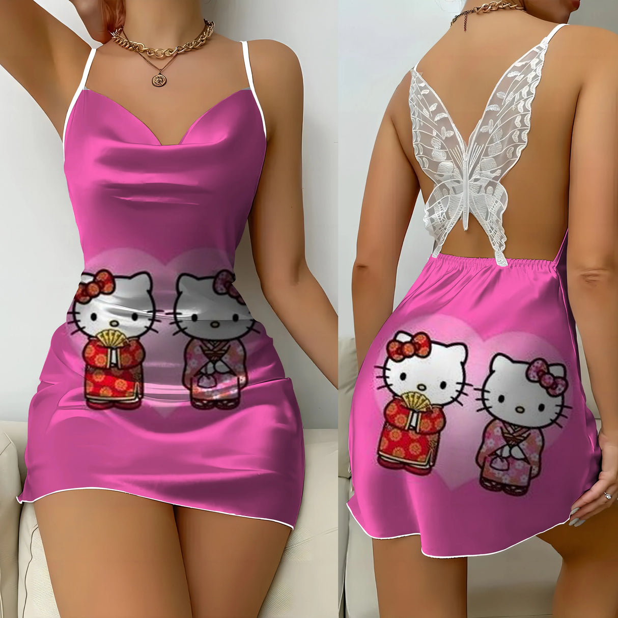 Mini Dress Pajama Skirt Hello Kitty Sexy Dresses Off Shoulder Bow Knot Satin Surface Womens Fashion Summer 2024 Short Party Lace