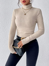 Autumn and Winter Sexy Texture Pit Stripe Slim Knit Long Sleeve Women's t-shirt New High Neck Women's Tops Casual Women's Tops