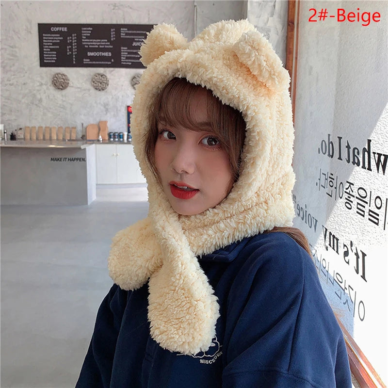 1Pc Cute Bear Ear Hat Scarf Gloves 3-in-1 Winter Warm Hedging Cap Women Windproof Plush Hat Scarf