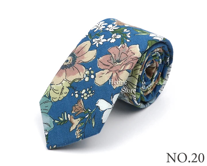 New Style Floral Printed 6cm Tie Blue Green Purple Skinny 100% Cotton Necktie For Men Women Wedding Party Suits Shirt Accessory