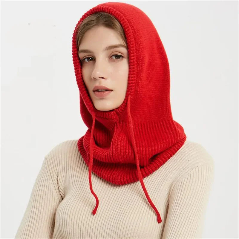 Winter Womens Hats Unisex Knitted Hooded Neck Collar Cap Beanie For Men & Women Drawstring One-Piece Hats Warmer Balaclava Cap