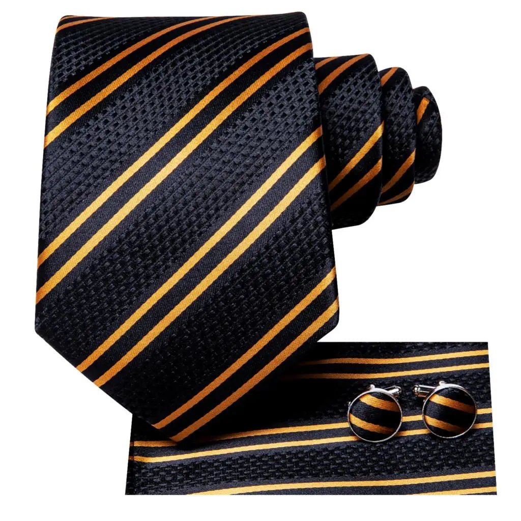 Hi-Tie Elegant Mens Necktie Black Gold Striped Paisley Silk Wedding Nicktie For Men Hanky Cufflinks Business Party Dropshipping