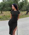 Sexy Side Slit Short Sleeve Wrap Buttocks  Round Neck Dress 2024 Summer Drawstring Tie Up Women's Clothing