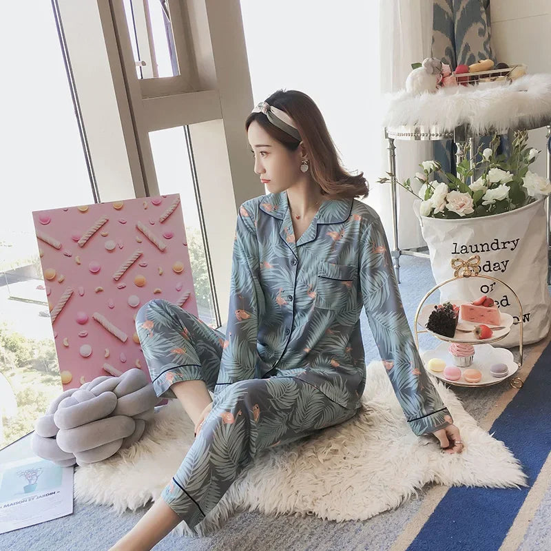 Women's Pajamas Set V-Neck Button down Top and Trousers Sleepwear Homewear Casual Nightwear Loungewear Autumn Winter Two-Piece