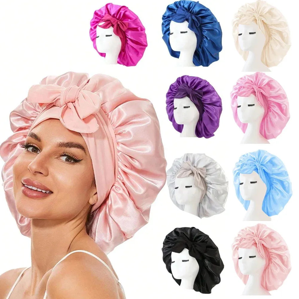 New Satin Sleeping Cap For Women Solid Wide Band Stretch Head Tie Silky Bonnet Edge Wrap Nightcap Hair Care Shower Head Cover