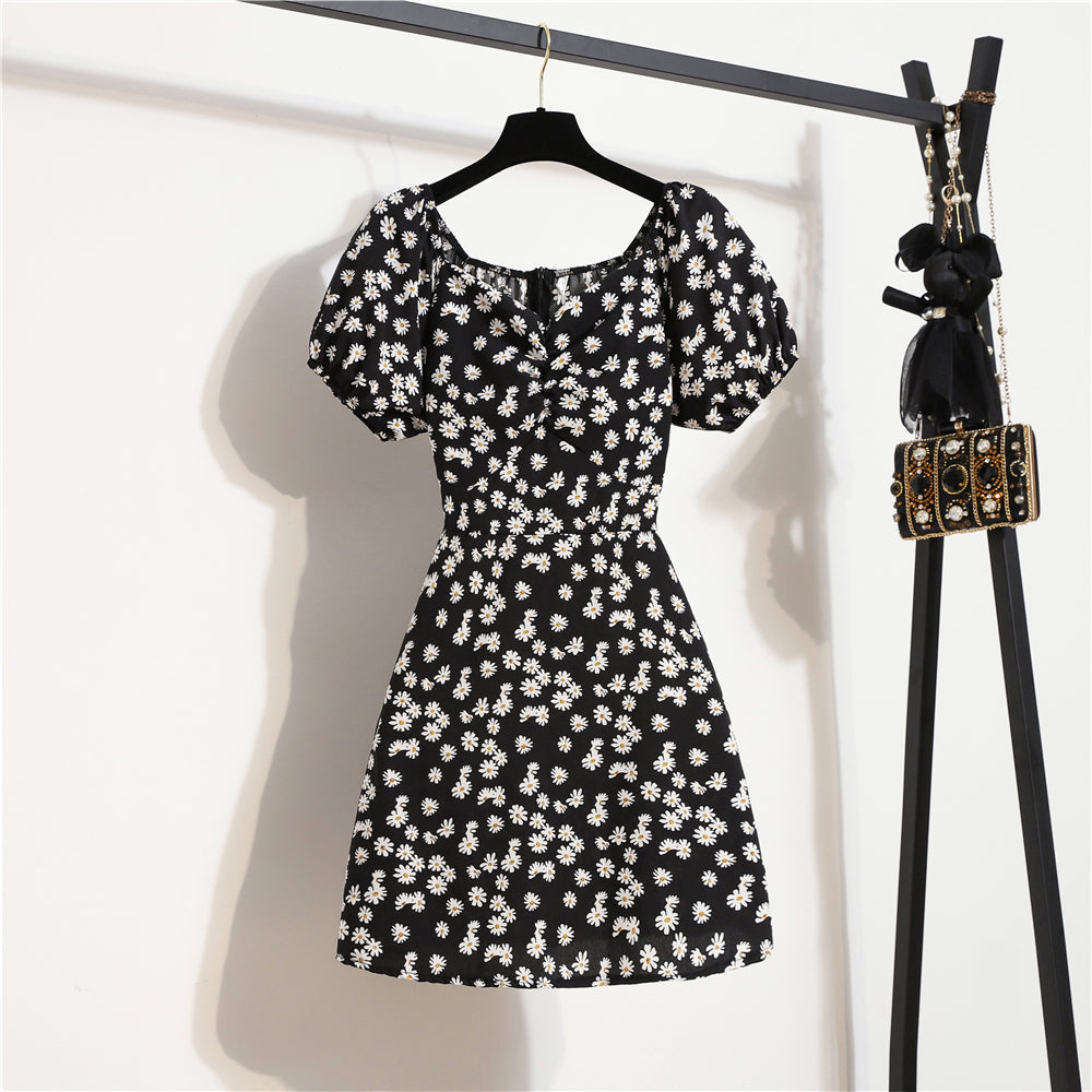 Mini robes d'été pour femmes, mode féminine, imprimé floral, en mousseline de soie, froncée, manches courtes bouffantes, robe décontractée