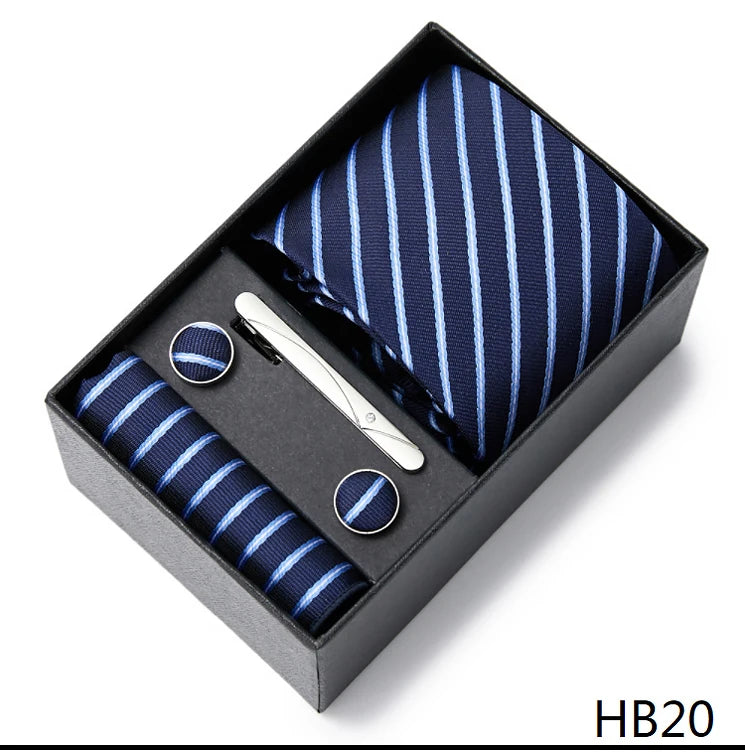 Gravatas For Men Newest design Silk Tie Handkerchief Cufflink Set Necktie Box Striped Blue Office