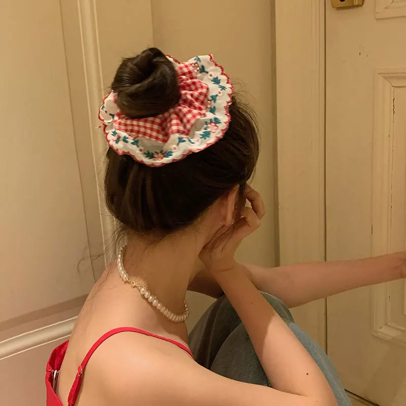 Beautiful Embroidered Large Scrunchies Elastic Hair Bands Hair Ties Women Sweet Hair Accessories Ponytail Holder Head Rope