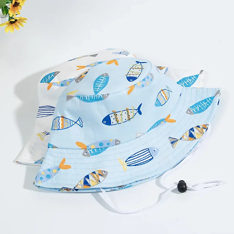 Cute Cartoon Printing Bucket Baby Hat Cotton Breathable Kids Fisherman Hat Infant Toddle Sun Hat with Drawstring for 1-5 Years