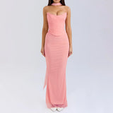 Suninheart Elegant Women 2 Piece Dress Set 2023 Maxi Wedding Guest Dress Lace Up Crop Top and Maxi Skirt Set Formal Event Dress