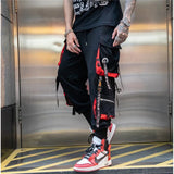 Hip Hop Streetwear Multiple Pockets Cargo Pants Men's Letter Ribbons Design Functional Overalls Male Loose Casual Sweatpants