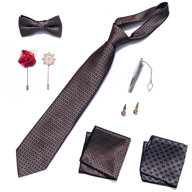 Brand Newest Design Silk Tie Set Handkerchief Pocket Squares Cufflink Bow Tie Clip Necktie Set Bussiness Wedding Suit Gift Box