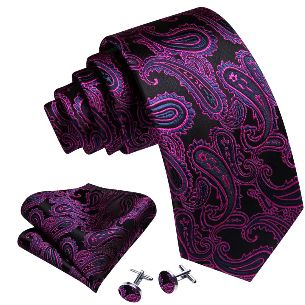 Barry.Wang Purple Lilac Lavender Silk Mens Tie Handkerchief Cufflink Set Jacquard Floral Necktie for Male Wedding Business Party