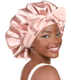New Satin Double Layer Bonnet Solid Wide Tie Band Stretch Head Silky Bonnet Edge Wrap Nightcap Hair Care Shower Bonnet for Women