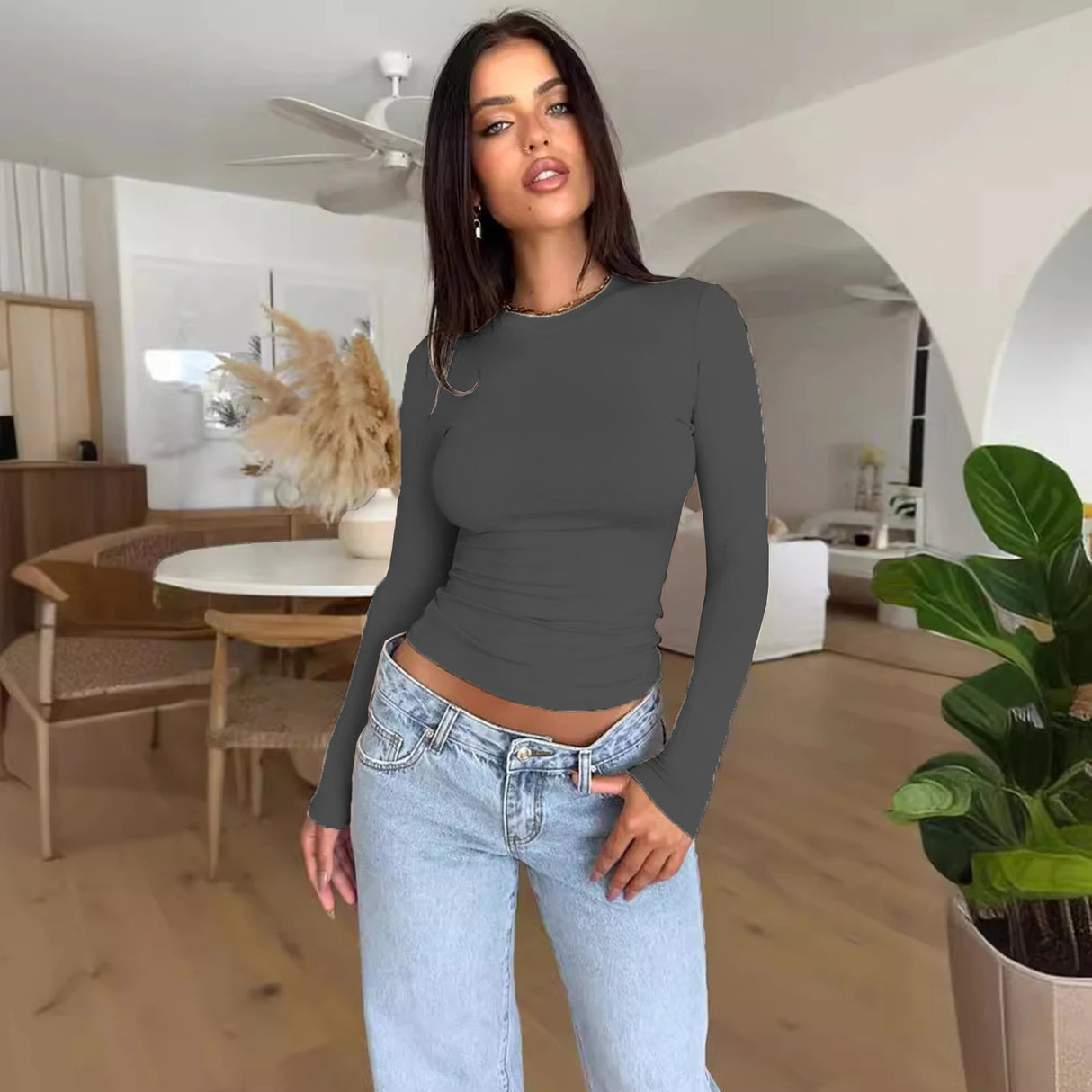 Long Sleeve T Shirt Women Autumn Winter Y2k Crop Top Casual Slim Fit Pullovers Solid O Neck T-shirts Streetwear Female Basic Tee