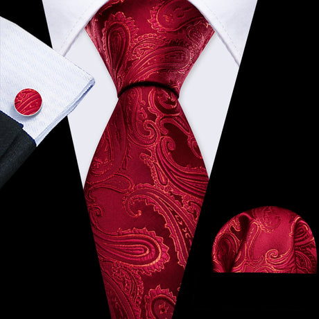 Barry.Wang Red Maroon Burgundy Rose Silk Men's Tie Pocket Square Cufflinks Set Jacquard Necktie for Male Wedding Business Party