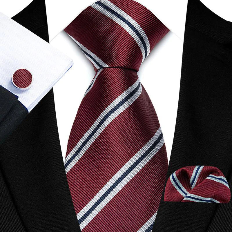 3Pcs Striped Ties Set Necktie and Pocket Square Cufflinks Sets Trendy Repp Graphic Woven Formal Business Necktie for Men