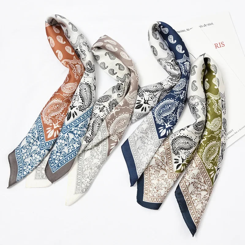 70cm Fashion Paisley Print Kerchief Hair Scarf For Women Silk Satin Headband Hijab Scarfs Female Square Neck Scarves For Ladies